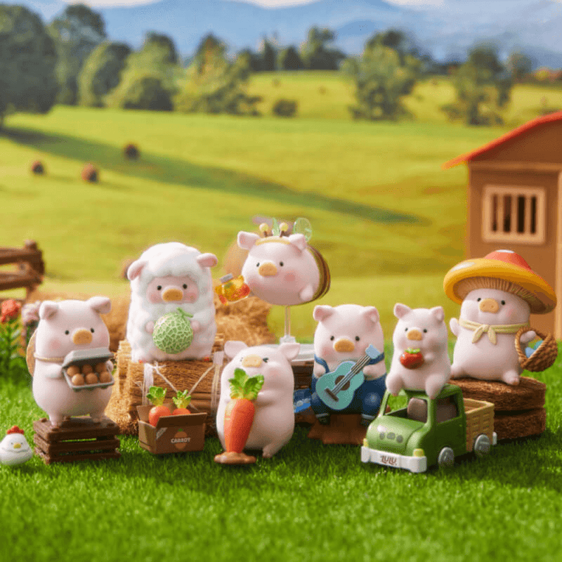 Full line-up of LuLu the Piggy Farm Garden Blind Box collectables posed in meadow scene
