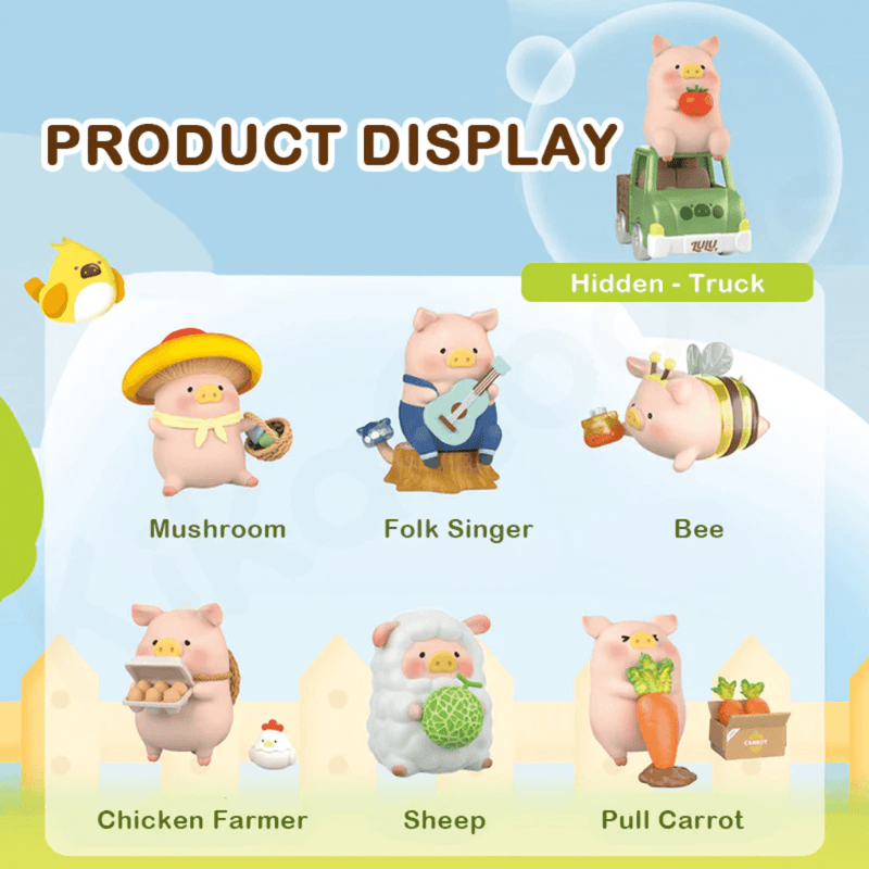Product display board showing all Farm Garden Blind Box figures plus hidden Truck chase
