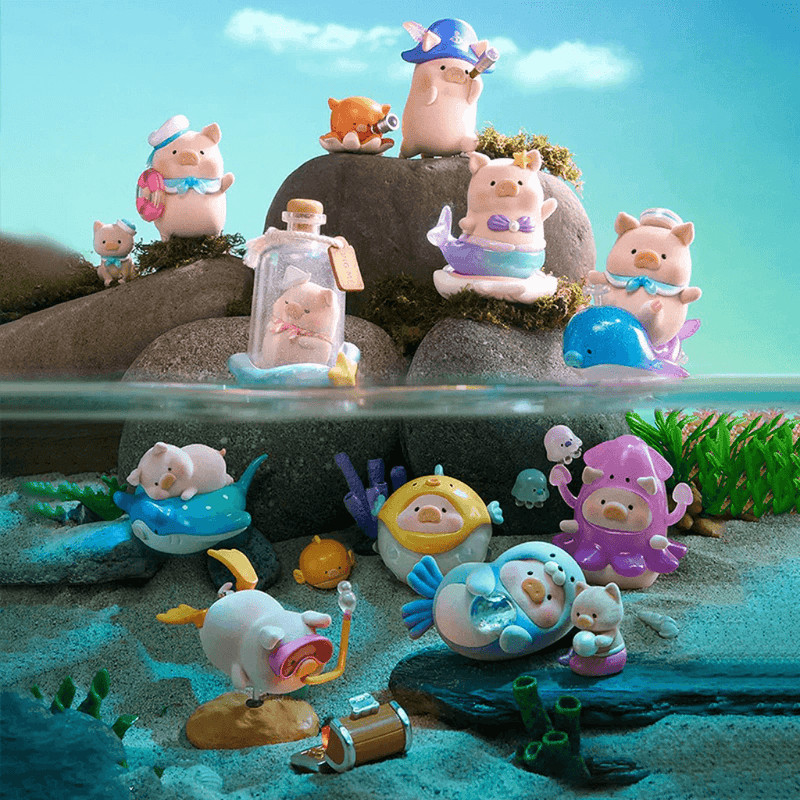 Split-scene group photo of all LuLu the Piggy Ocean Series Blind Box figures posed on rocks and seabed

