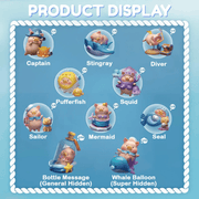 Product board showing all LuLu the Piggy Ocean Series Blind Box figures plus hidden Bottle Message & Whale Balloon

