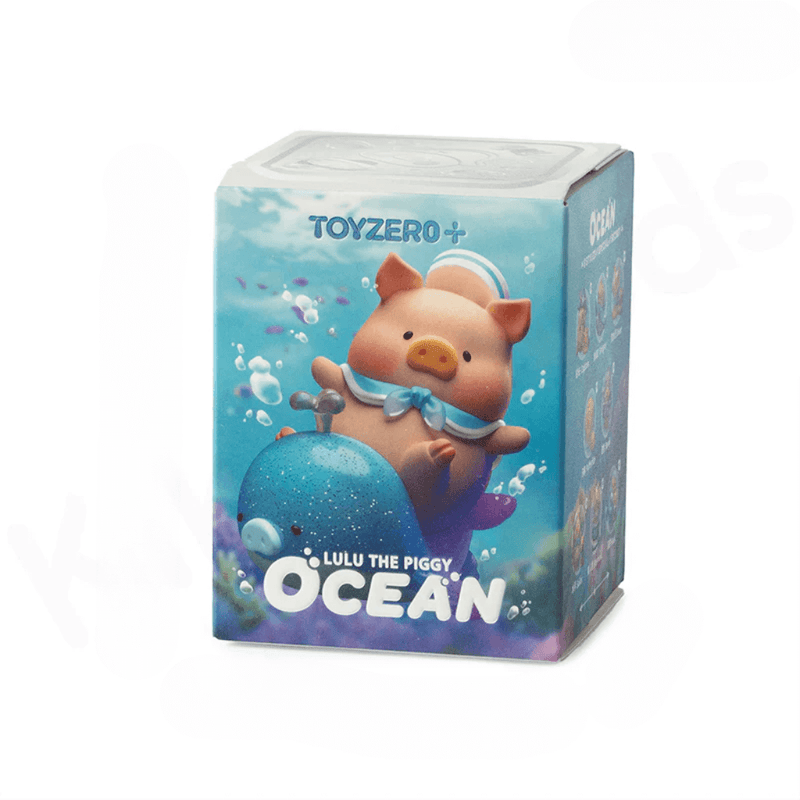 Front view of LuLu the Piggy Ocean Blind Box showing Whale Balloon artwork against aqua-blue background
