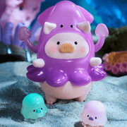 “Squid” LuLu in glossy purple tentacle costume with mini jelly pals – Ocean Blind Box figure
