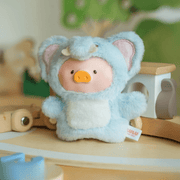 Lulu the Piggy Adorable Elephant plush keyring from blind box series, sky-blue costume posed on wooden nursery toys.
