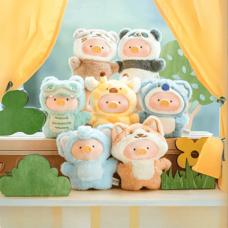 Full display of Lulu the Piggy Animal Party blind box plush keyrings—seven costumed pigs stacked in a sunny window scene.
