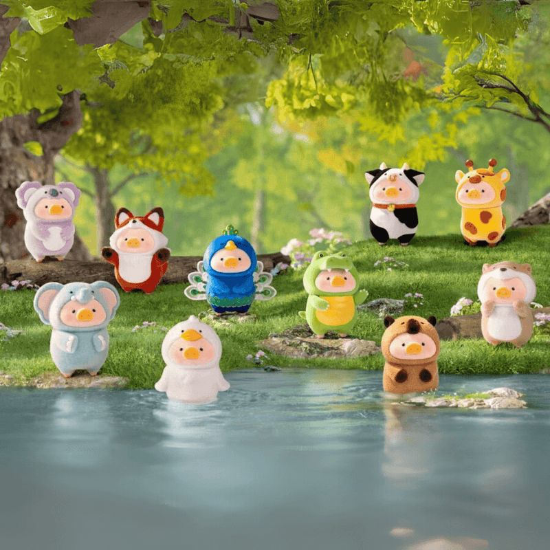 Full line-up of ten Lulu the Piggy Animal Party blind box figures—cow, giraffe, fox, koala, duck, elephant, frog, peacock, boar and otter—displayed beside woodland stream.
