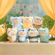 Group photo of seven Lulu the Piggy blind box keyrings wearing animal outfits beneath pastel bunting and yellow curtains.
