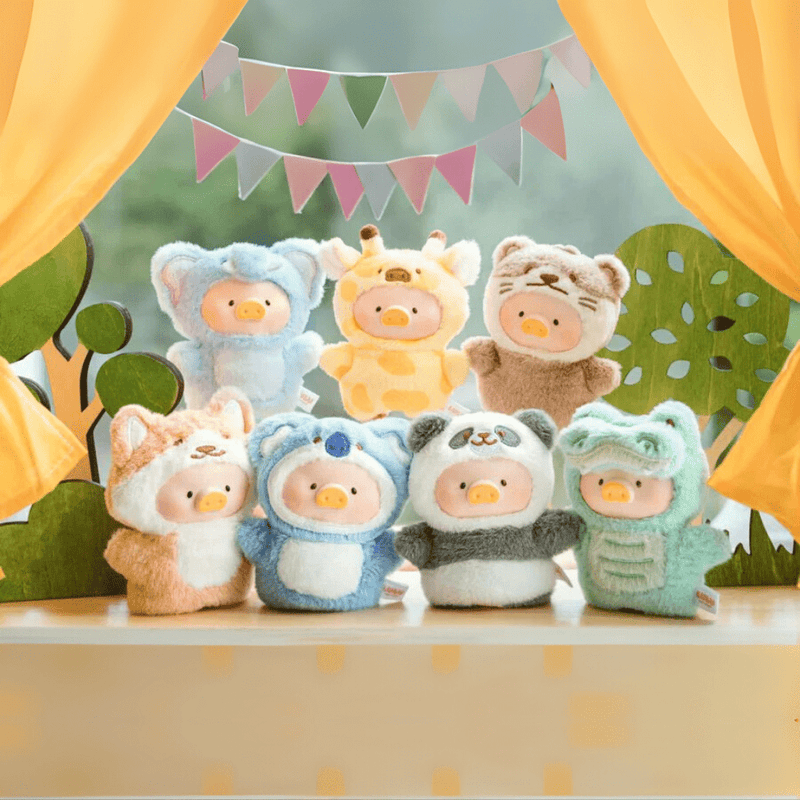 Group photo of seven Lulu the Piggy blind box keyrings wearing animal outfits beneath pastel bunting and yellow curtains.
