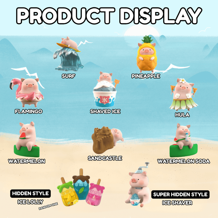 LuLu the Piggy Beach Party Blind Box Series product display showing Surf, Pineapple, Flamingo, Shaved Ice, Hula, Watermelon, Sandcastle, Watermelon Soda, hidden Ice Lolly and super hidden Ice Shaver
