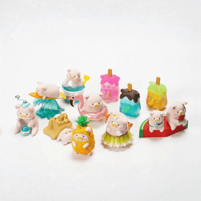 LuLu the Piggy Beach Party Blind Box Series full collection display with beach-themed pig figures and hidden summer drink designs