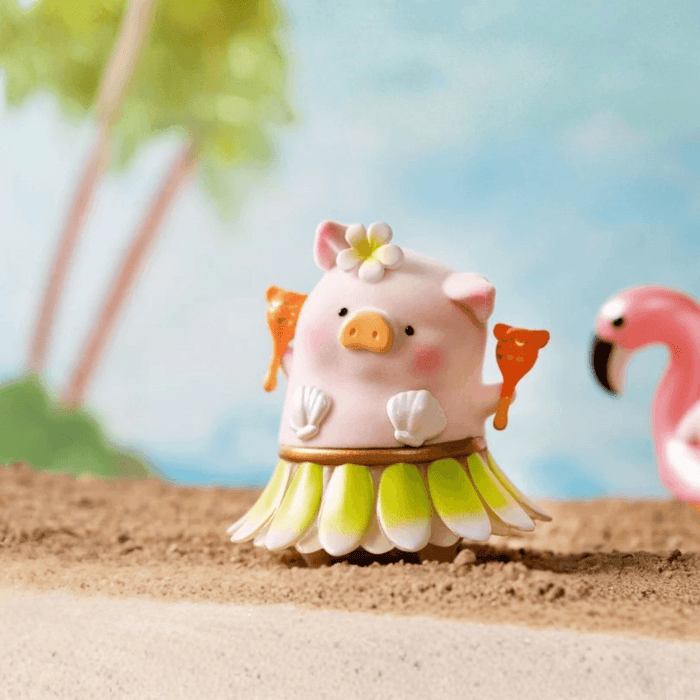 LuLu the Piggy Beach Party Blind Box Series Hula figure wearing a flower and grass skirt on the beach