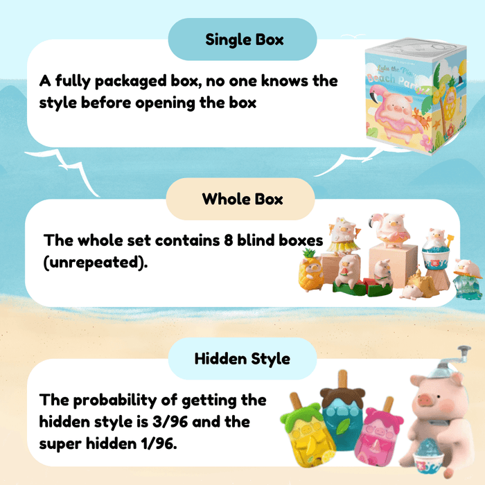 LuLu the Piggy Beach Party Blind Box Series rules graphic showing single box, whole box and hidden style probabilities