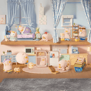 Complete Lulu the Piggy Home Life blind box series displayed in a two-storey bedroom-and-kitchen diorama scene.
