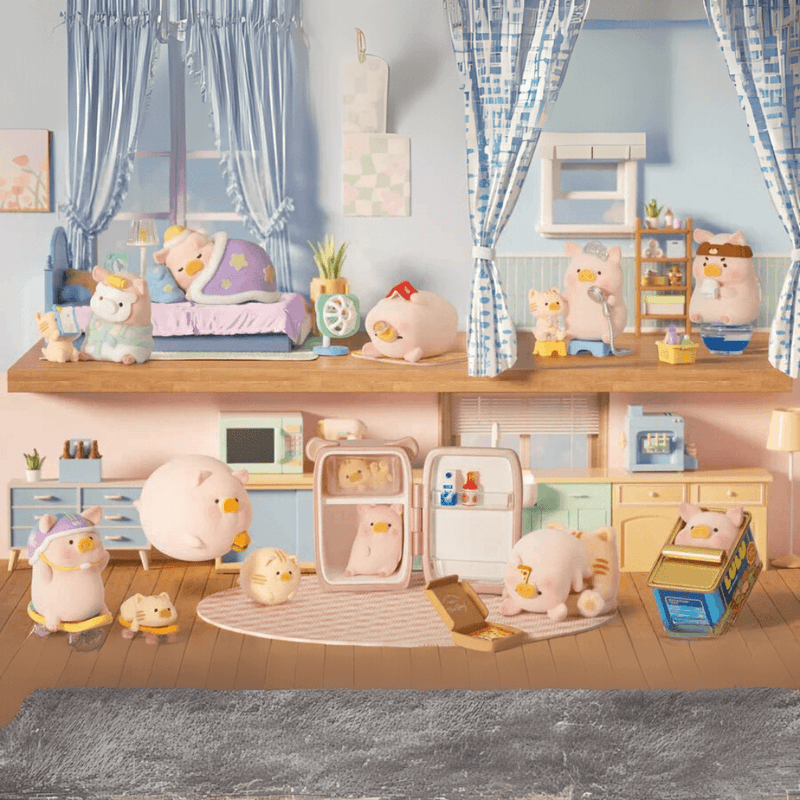 Complete Lulu the Piggy Home Life blind box series displayed in a two-storey bedroom-and-kitchen diorama scene.
