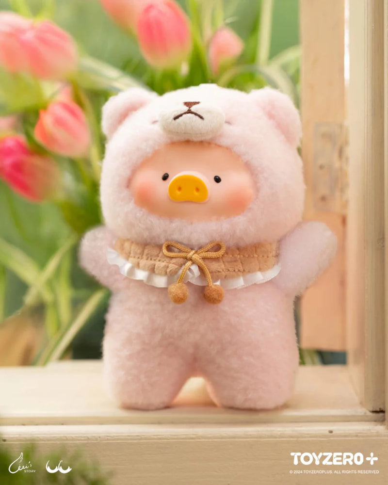 Lulu the Piggy Joyful Time blind box plush in blush-pink teddy outfit with lace-trimmed collar at a sunny windowsill.
