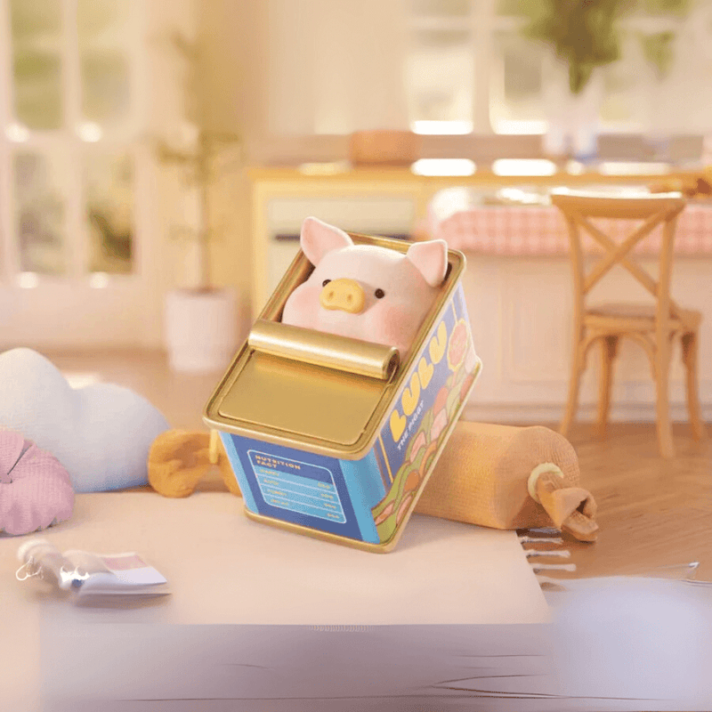 Lulu the Piggy Home Life blind box figure playfully peeking out of a retro blue tin can with gold lid in a cosy kitchen diorama.
