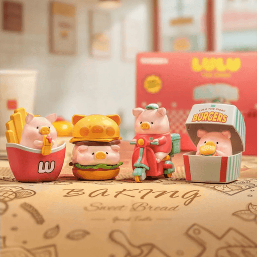 LuLu The Piggy Burger Express Movable Series full set display featuring all four fast-food themed pig figures