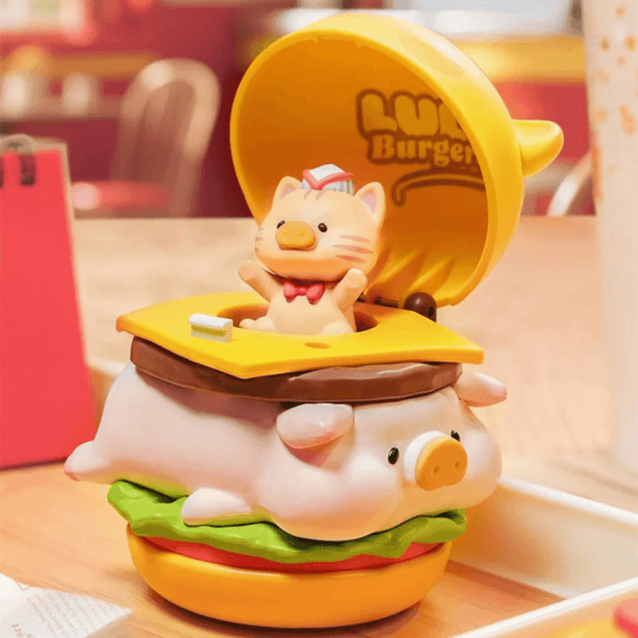 LuLu The Piggy Burger Express Movable Series Surprise LuLu Burger figure with a cat character popping out of a burger top