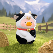 Lulu the Piggy Animal Party Cow blind box figure standing in sunny Alpine meadow with hay bales.
