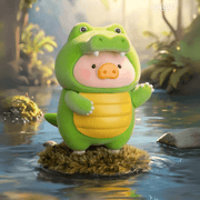 Lulu the Piggy Animal Party Special Crocodile blind box figure wearing bright-green croc suit, waving from a mossy islet in a jungle pond.









