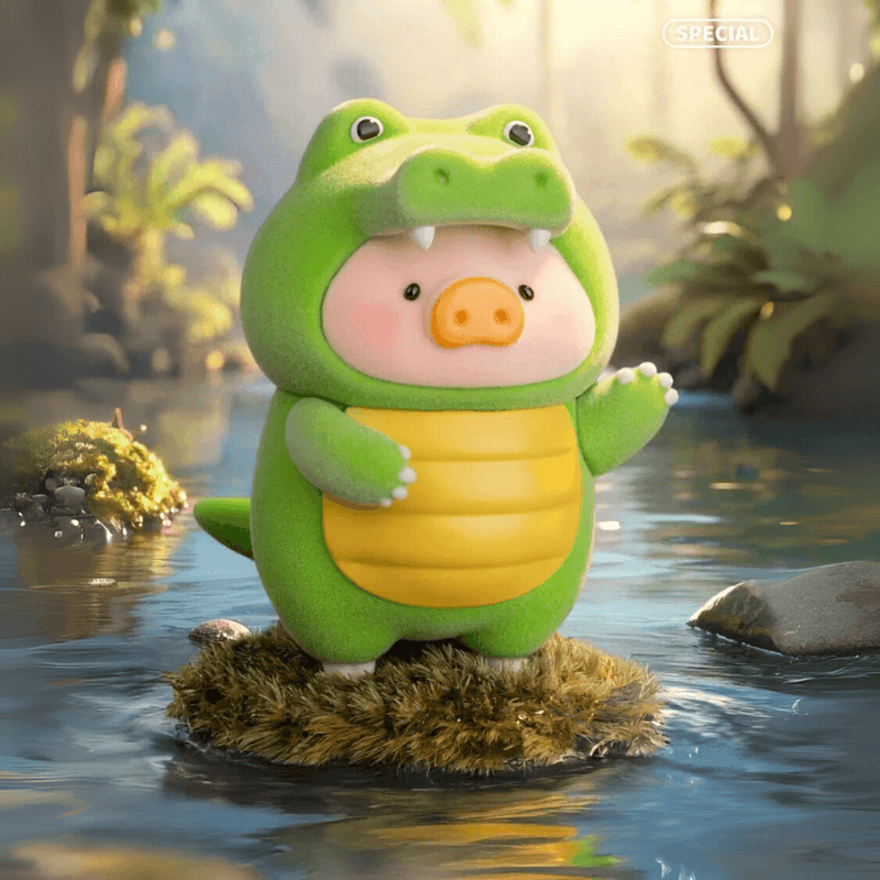 Lulu the Piggy Animal Party Special Crocodile blind box figure wearing bright-green croc suit, waving from a mossy islet in a jungle pond.









