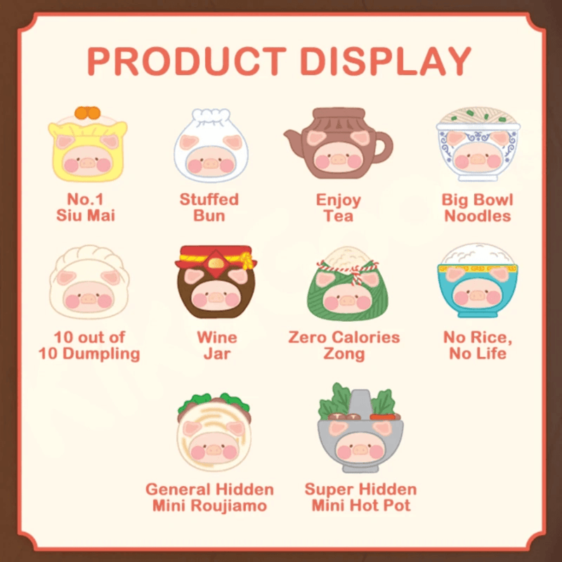 LuLu the Piggy Dim Sum House plush keychain blind box product display showing all regular and hidden styles
