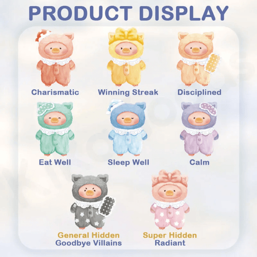 Lulu the Piggy Dreaming Wonderland series character guide showing 6 regular and 2 hidden designs