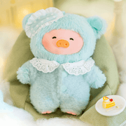 Lulu the Piggy Eat Well plush keychain in mint green sleep outfit with lace collar