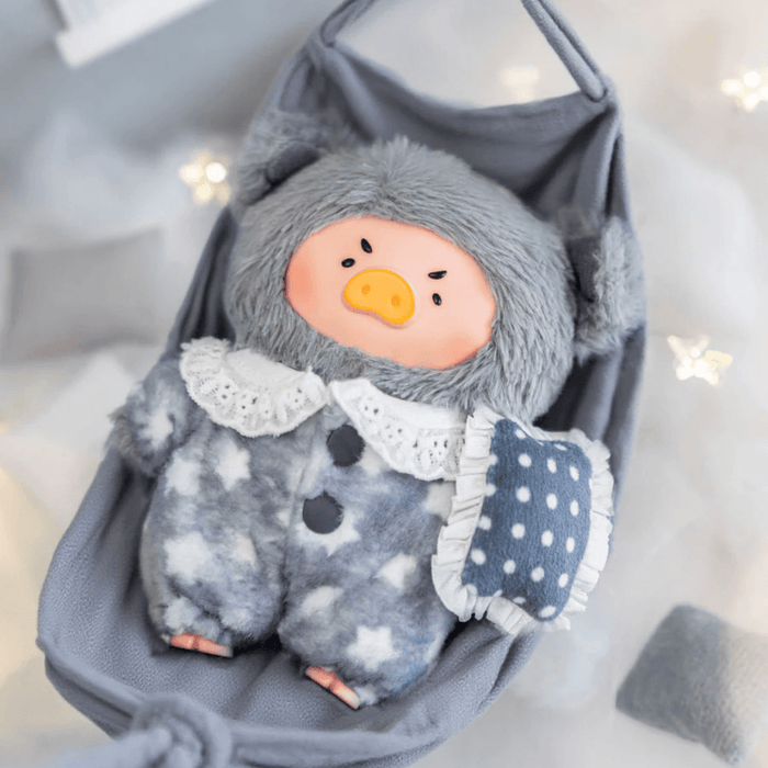 Lulu the Piggy hidden Goodbye Villains plush keychain in grey starry sleep outfit with pillow