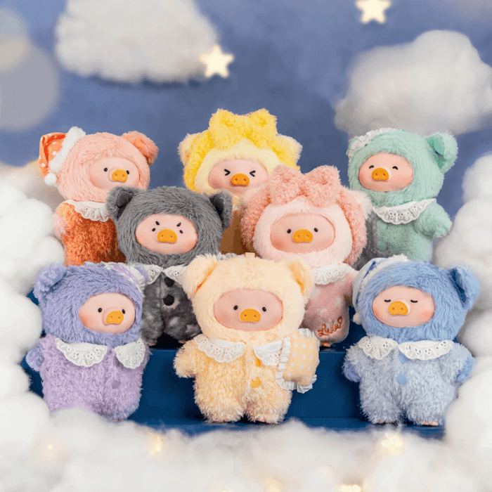 Group photo of Lulu the Piggy Dreaming Wonderland plush keychain Blind Box designs in pastel sleepwear