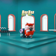 Lulu the Piggy Fitness Club Cardio Coach blind box figure in red tracksuit taking a phone-selfie beside pastel speakers on teal gym stage.
