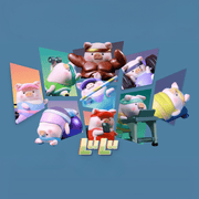 Collage of all Lulu the Piggy Fitness Club blind box characters, nine workout poses arranged in colourful angled panels on blue backdrop.

