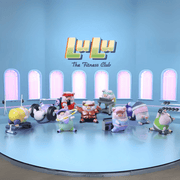 Full lineup of Lulu the Piggy Fitness Club blind box figures performing varied gym exercises in pastel studio under “LuLu The Fitness Club” logo.
