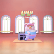 Lulu the Piggy Fitness Club Dance Workout blind box figure wearing visor and blue leotard, striking aerobics pose by retro boombox.
