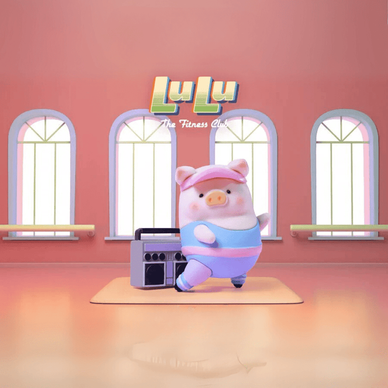 Lulu the Piggy Fitness Club Dance Workout blind box figure wearing visor and blue leotard, striking aerobics pose by retro boombox.
