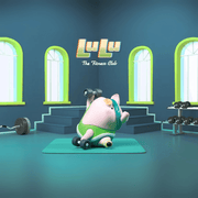 Lulu the Piggy Fitness Club Dumbbell Workout blind box figure in green gear pressing a weight while reclining on exercise mat.
