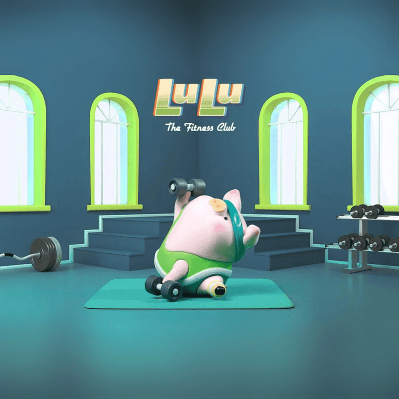 Lulu the Piggy Fitness Club Dumbbell Workout blind box figure in green gear pressing a weight while reclining on exercise mat.
