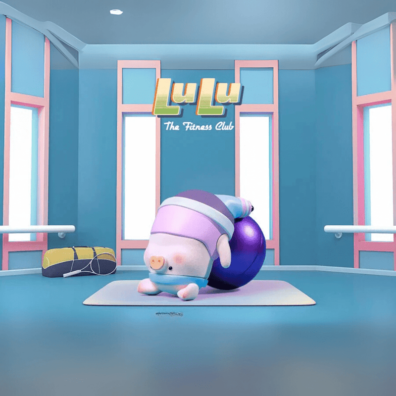 Lulu the Piggy Fitness Club Exercise Ball blind box figure stretching over purple stability ball on lilac yoga mat.
