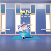 Lulu the Piggy Fitness Club Hula Hoop blind box figure spinning striped hoop in turquoise workout suit inside mirrored studio.
