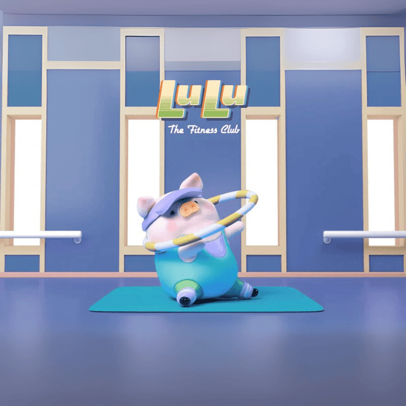 Lulu the Piggy Fitness Club Hula Hoop blind box figure spinning striped hoop in turquoise workout suit inside mirrored studio.
