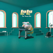 Lulu the Piggy Fitness Club Treadmill Run blind box figure jogging on grey treadmill in teal-framed gym room.
