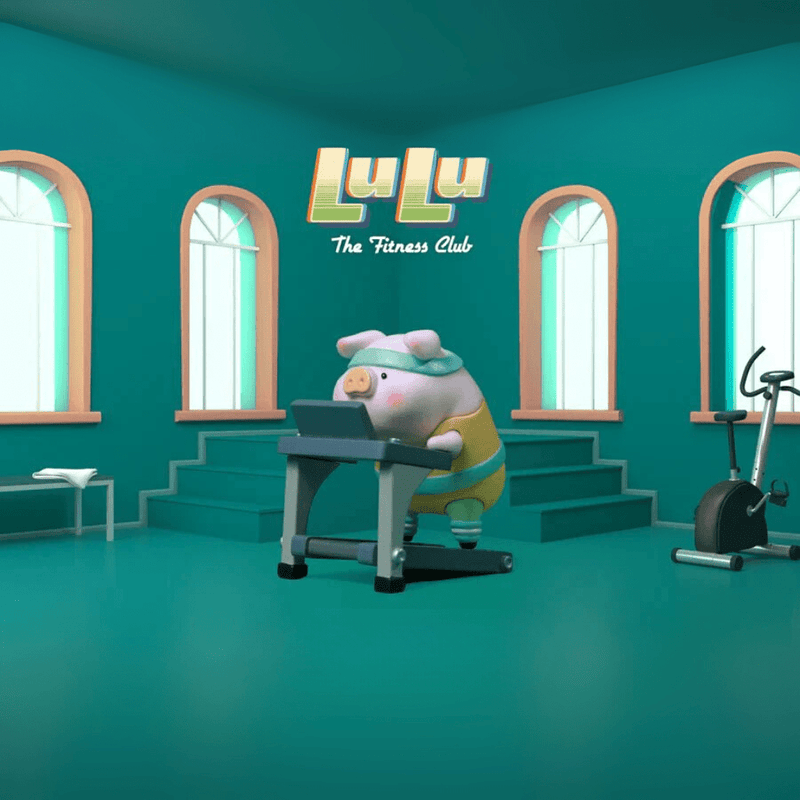 Lulu the Piggy Fitness Club Treadmill Run blind box figure jogging on grey treadmill in teal-framed gym room.
