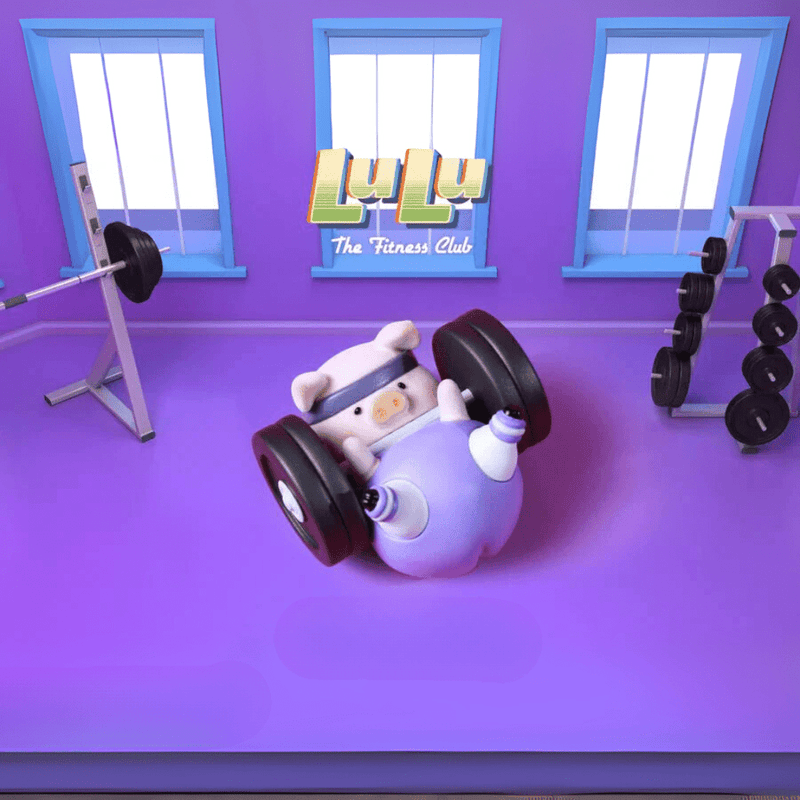 Lulu the Piggy Fitness Club Weightlifting blind box figure in purple set doing barbell leg press on violet gym floor.
