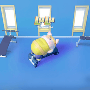 Lulu the Piggy Fitness Club Core Workout blind box figure in yellow belt performing sit-ups on incline bench in light-blue gym.









