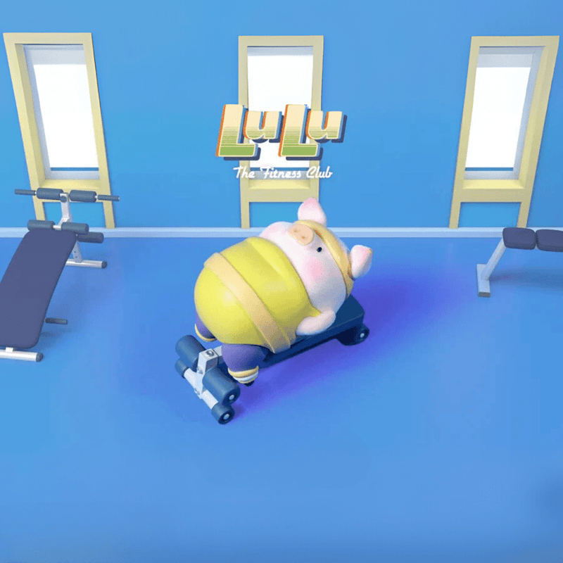 Lulu the Piggy Fitness Club Core Workout blind box figure in yellow belt performing sit-ups on incline bench in light-blue gym.









