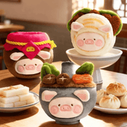 LuLu the Piggy Food Hunter Series plush keychain lifestyle image featuring multiple dim sum themed designs
