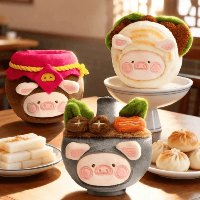 LuLu the Piggy Food Hunter Series plush keychain lifestyle image featuring multiple dim sum themed designs
