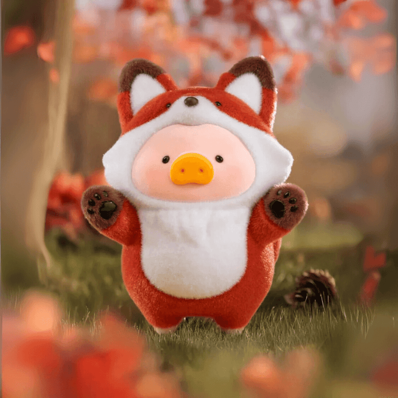 Lulu the Piggy Animal Party Fox blind box figure in russet woodland setting, paws raised playfully.
