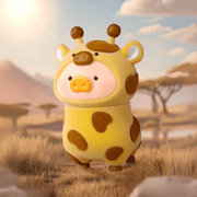 Lulu the Piggy Animal Party Giraffe blind box figure in yellow spotty suit, sunset savannah backdrop.
