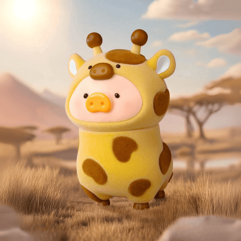 Lulu the Piggy Animal Party Giraffe blind box figure in yellow spotty suit, sunset savannah backdrop.
