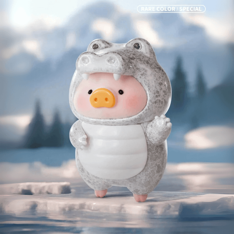 Lulu the Piggy Animal Party Rare-Colour / Special Grey Crocodile blind box figure waving from an icy lake scene, snowy mountains blurred behind.









